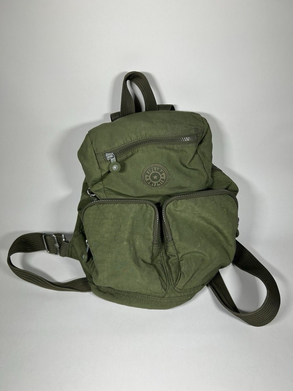 Kipling Olive Green Canvas Mini Rucksack with Front Pockets